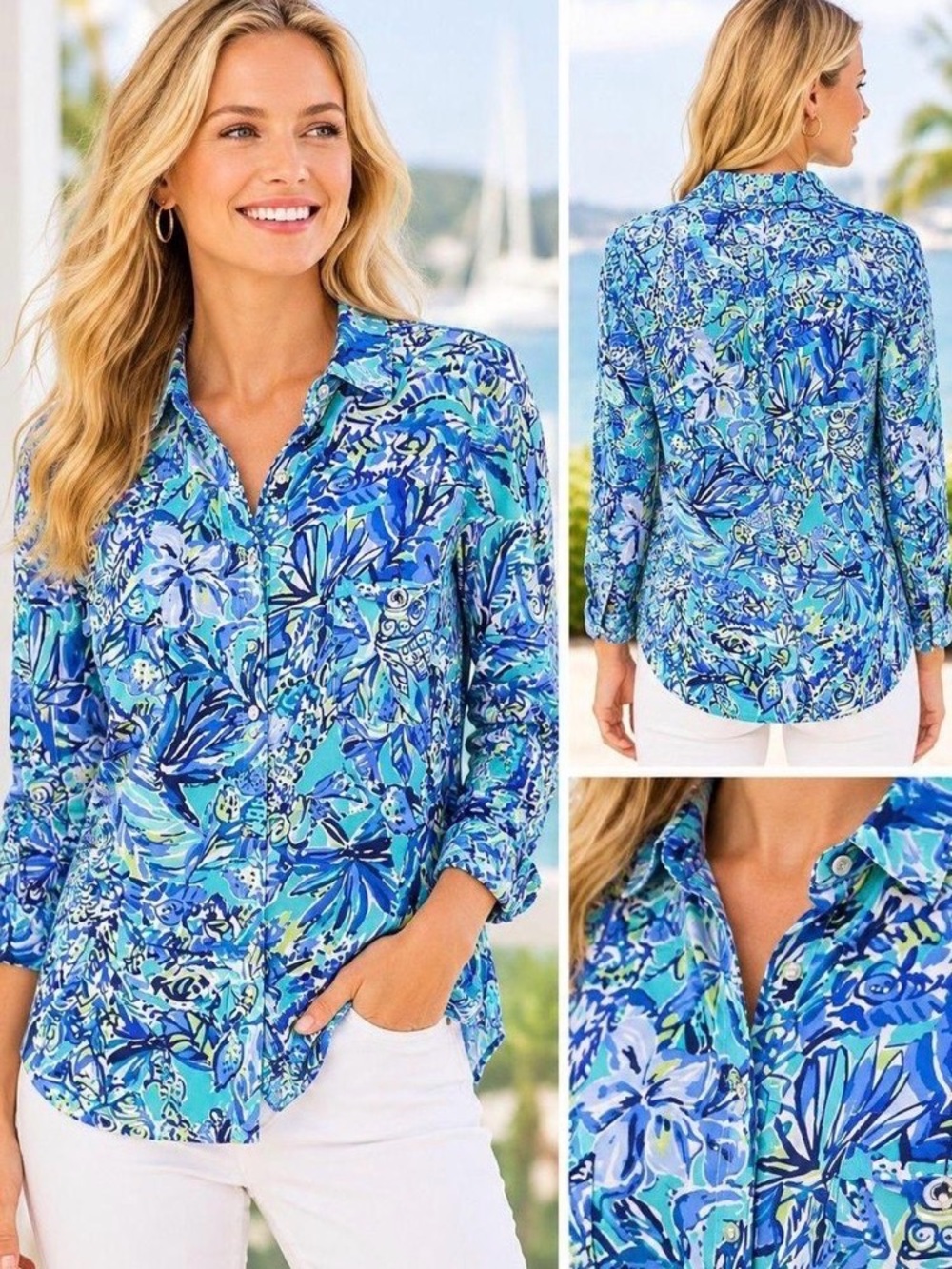 Lilly Sea View Rayon Voile Button-Down Top (L)